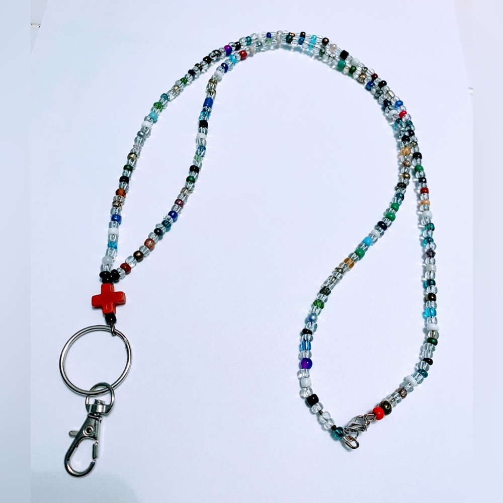 Beaded Multicolor Lanyard Necklace with Red Cross Charm